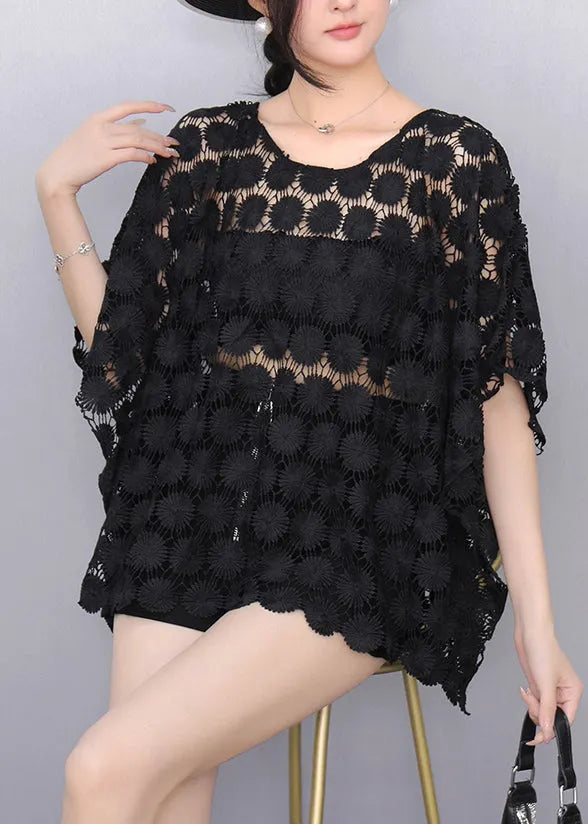 Black Hollow Out Lace Tanks Batwing Sleeve