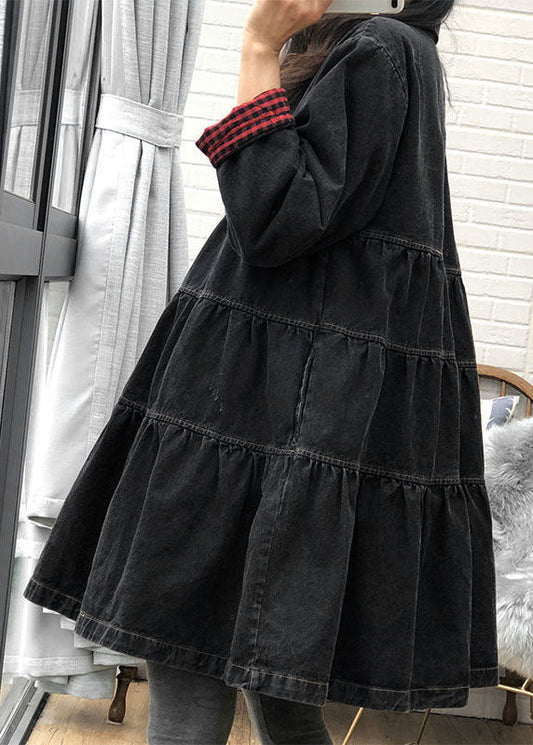 Black Loose Button Patchwork Fall Trench Coats Dress