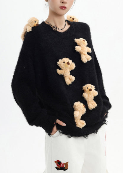 Stylish Black Oversized Bear Ripped Knitted Tops Winter