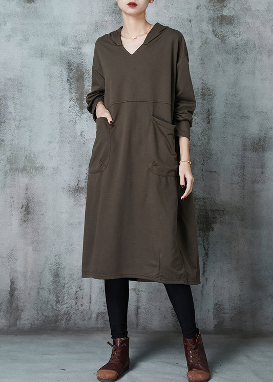 Army Green Hooded Pockets Cotton Dress Spring