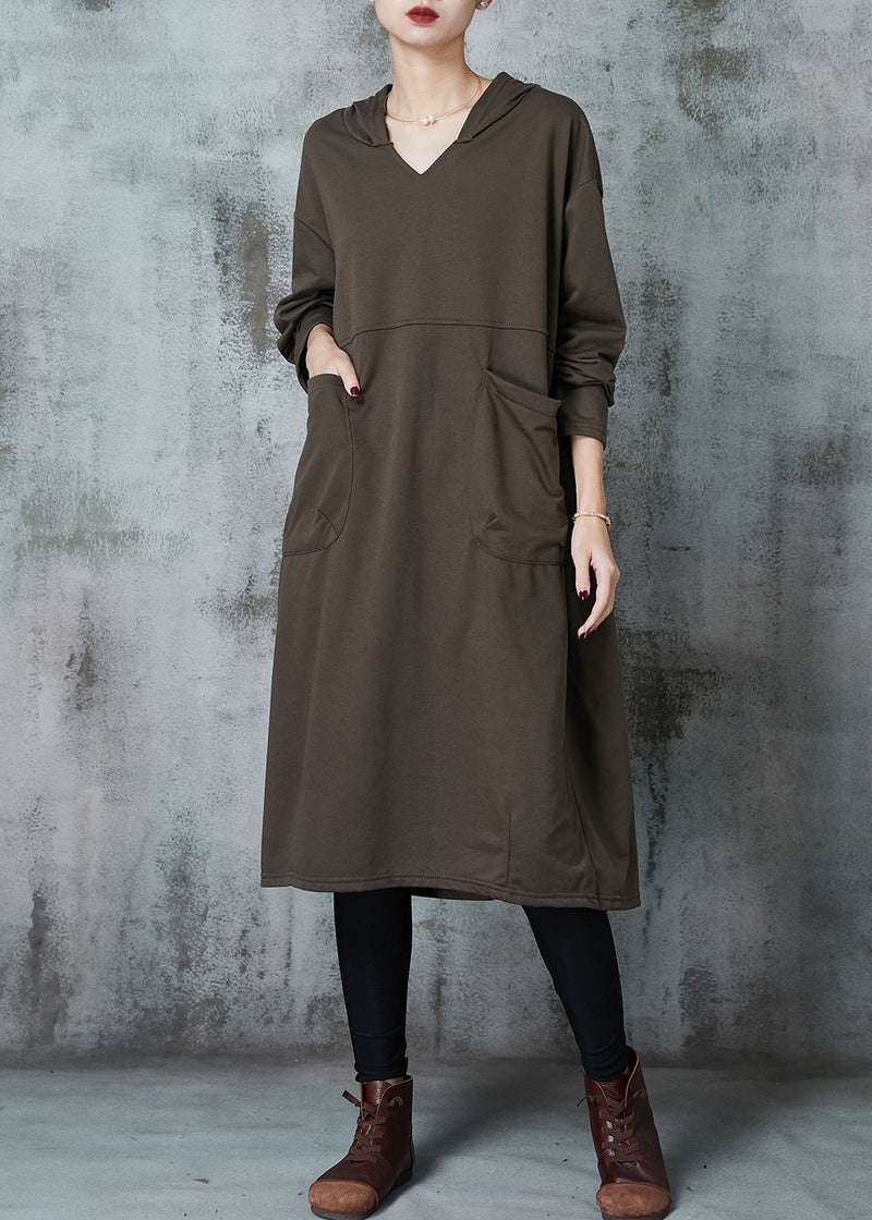 Army Green Hooded Pockets Cotton Dress Spring