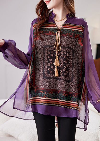 Loose Purple Low High Design Low High Design Chiffon Shirt Spring