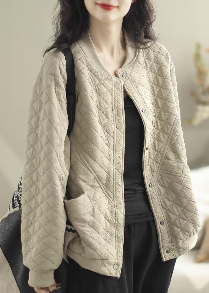 Beige Stand Collar Pockets Fine Cotton Filled Jacket Winter