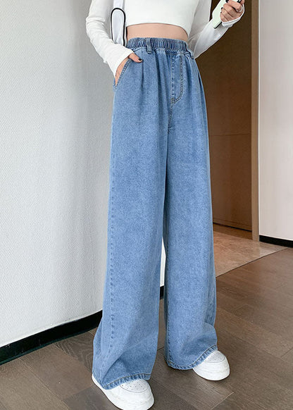 Blue Original Design Elastic Waist Pockets Cotton Denim Wide Leg Pants Summer
