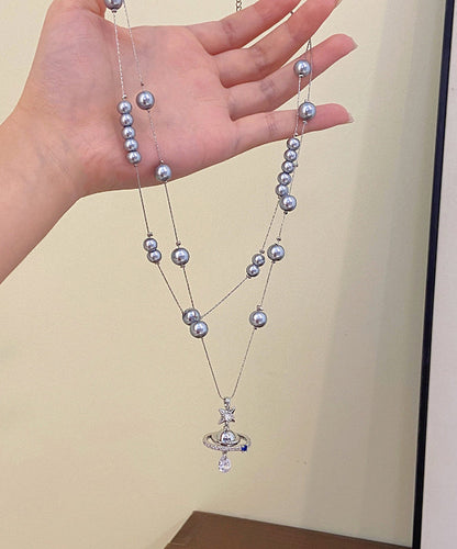 Grey Copper Alloy Double-layer Pearl Spaceship Pendant Necklace