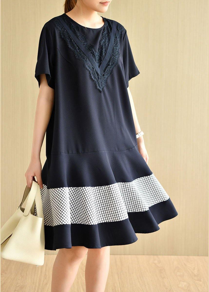 French Navy O-neck Patchwork Plaid Summer Vacation Dresses Short Sleeve