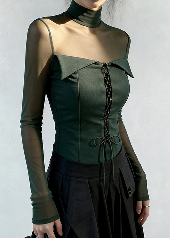 Blackish Green Cross Strap Patchwork Tulle Blouse Tops Spring
