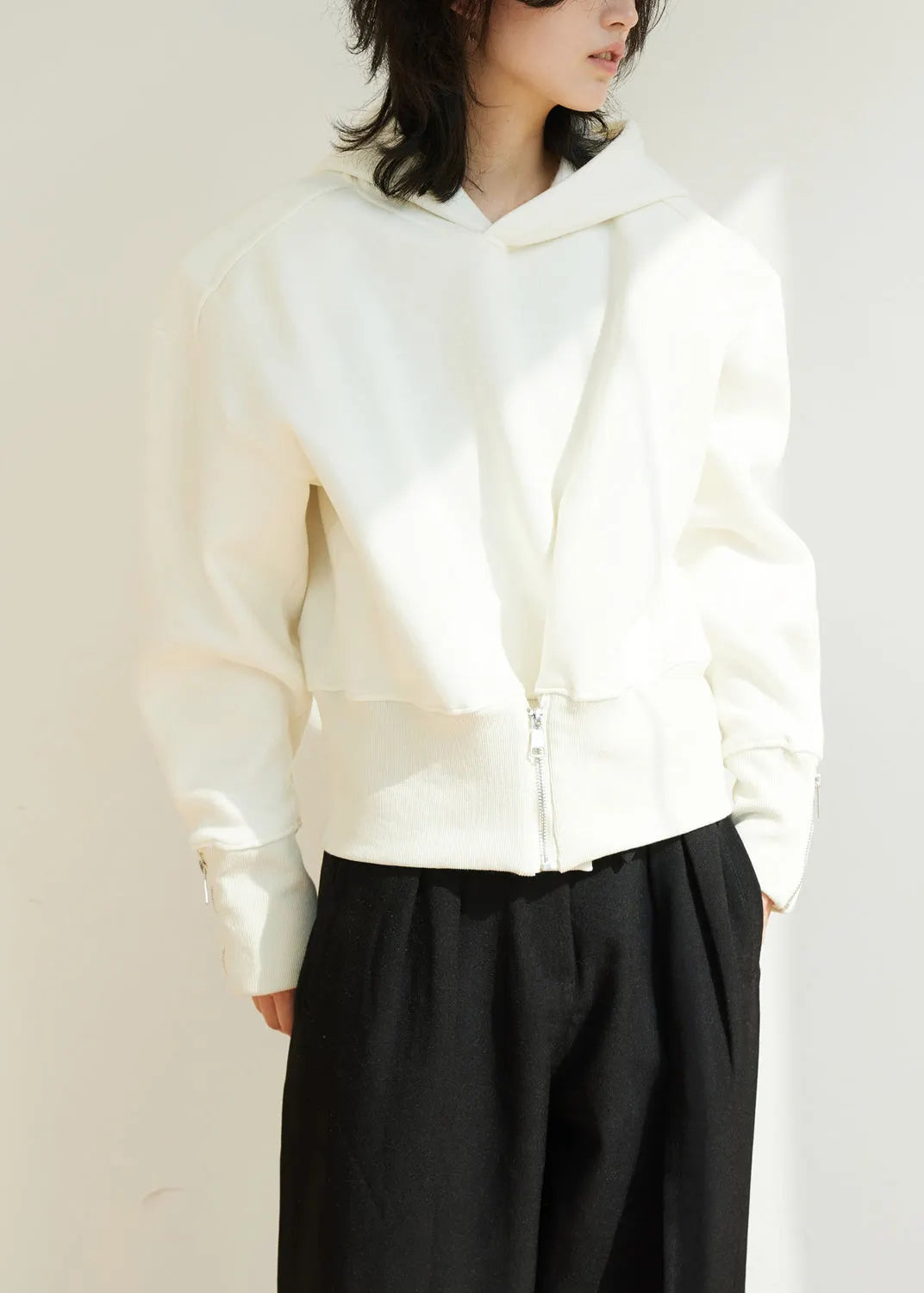 Beige Hooded Zippered Thick Cotton Sweatshirt