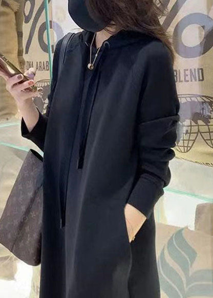 Style Khaki Hooded Cinched Cotton Sweatshirt Dress Spring