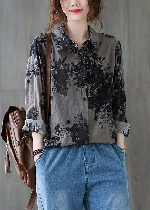 Unique Grey Peter Pan Collar Button Print Fall Blouses Long Sleeve