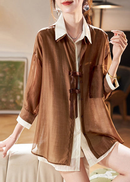 Style Coffee False Two Pieces Patchwork Chiffon Top Fall