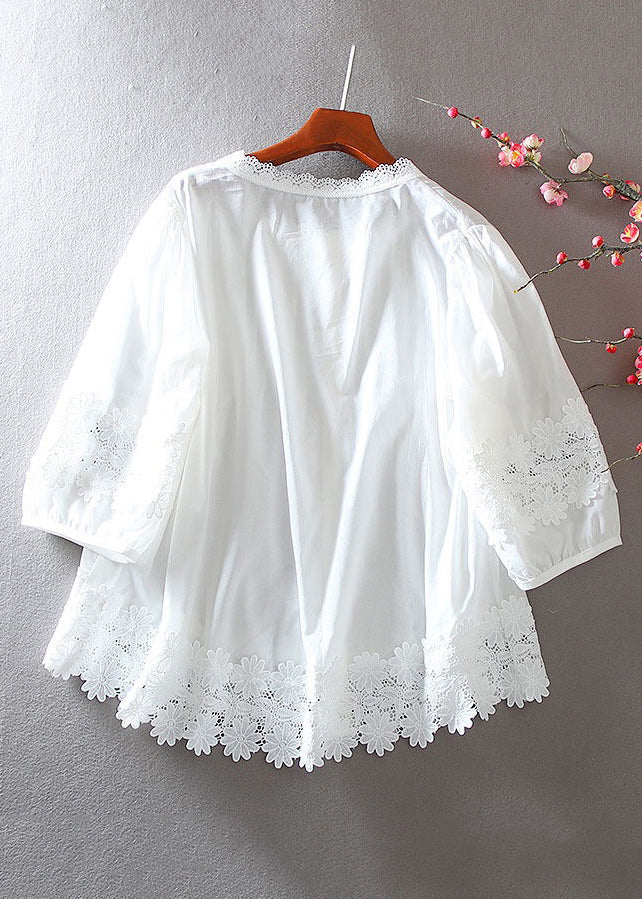 White Button Hollow Out Lace Patchwork Shirt Bracelet Sleeve Summer