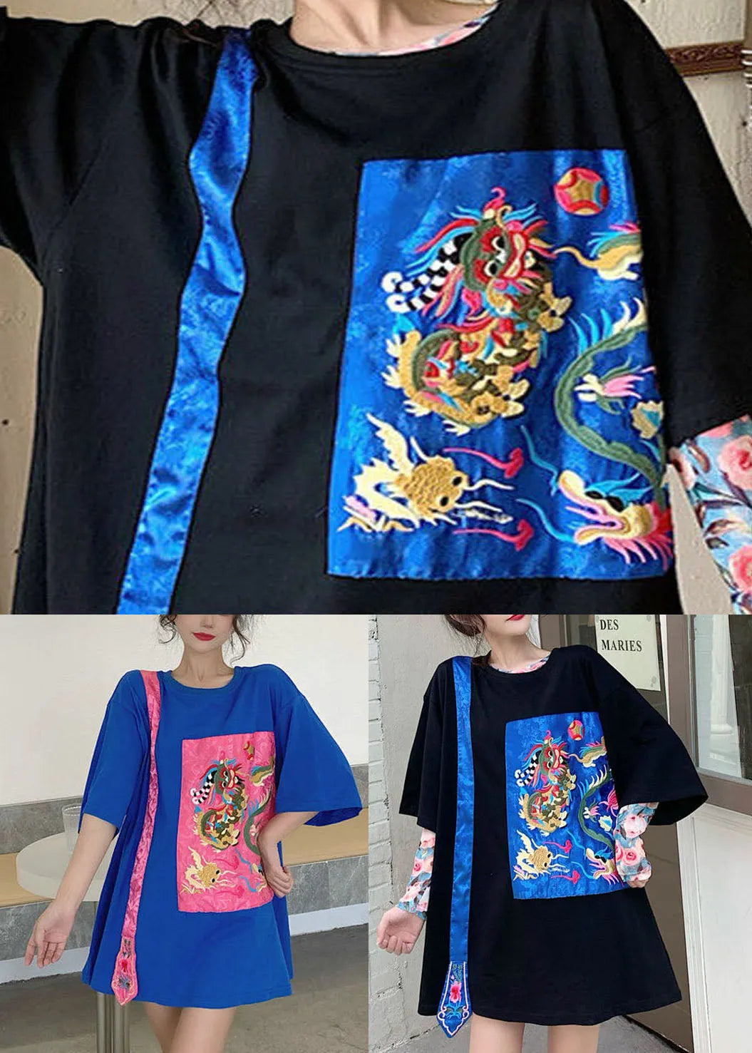 Blue Loose Top O-neck Asymmetrical Half Sleeve