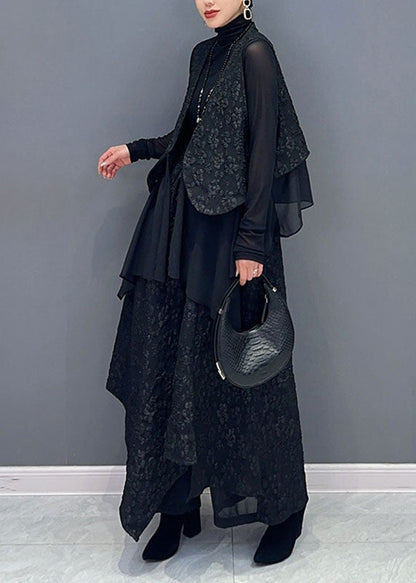 Art Black V Neck Print Waistcoat and Wide Leg Pants Two Pieces Set Fall