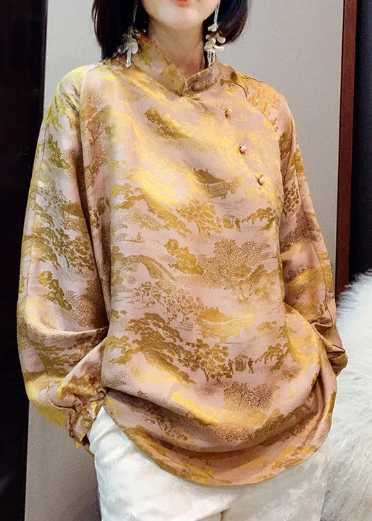 Yellow Mandarin Collar Button Jacquard Silk Top Lantern Sleeve