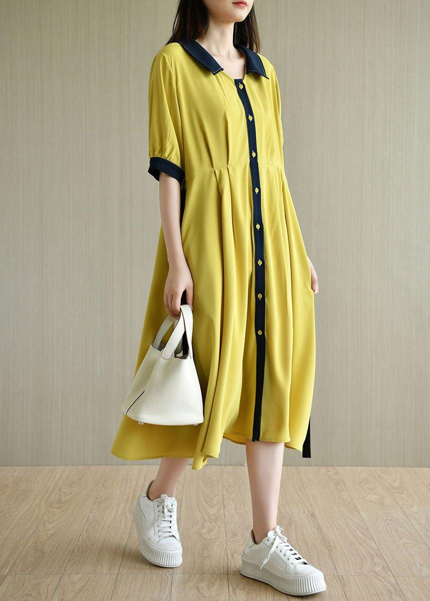 Handmade Yellow Square Collar Button Summer Chiffon Dresses Half Sleeve
