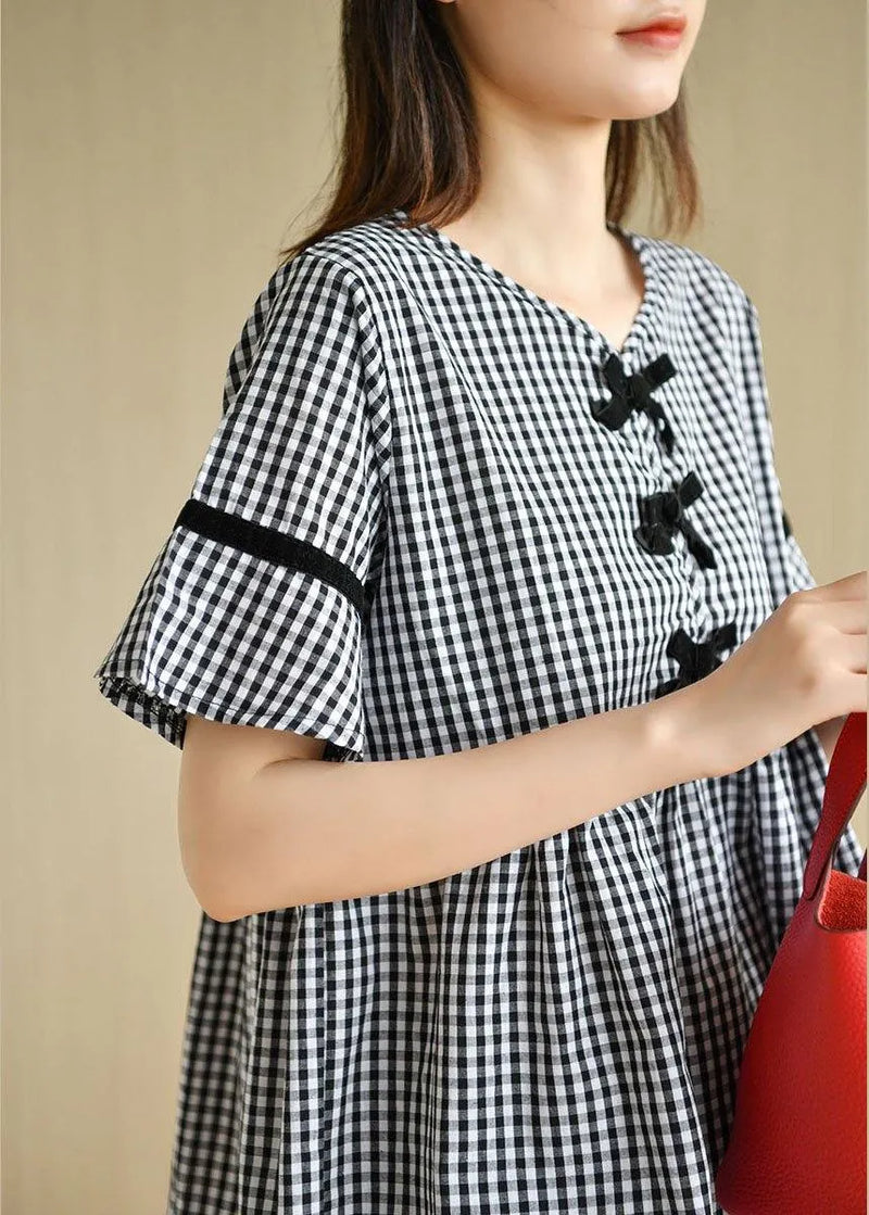 French Black White Plaid V Neck Summer Cotton Top Short Sleeve