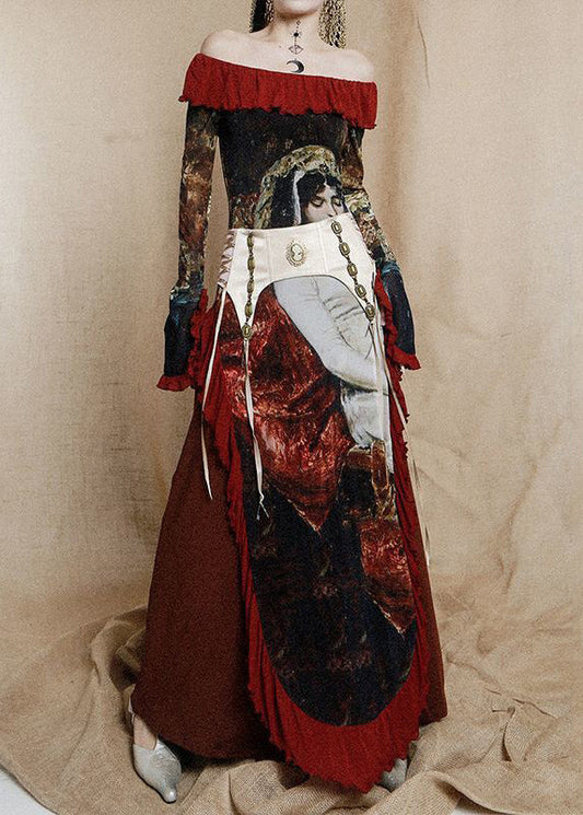 Red Ruffled Print Cotton Maxi Dresses Long Sleeve