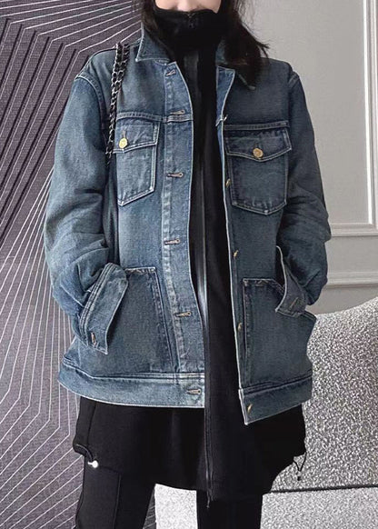 Blue Patchwork Button Denim Coat Long Sleeve Fall