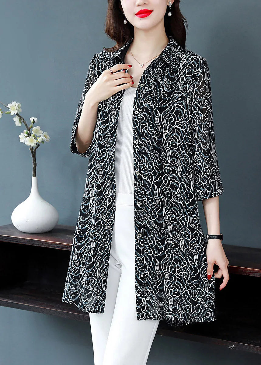Black Peter Pan Collar Button Print Chiffon Shirt Tops Spring