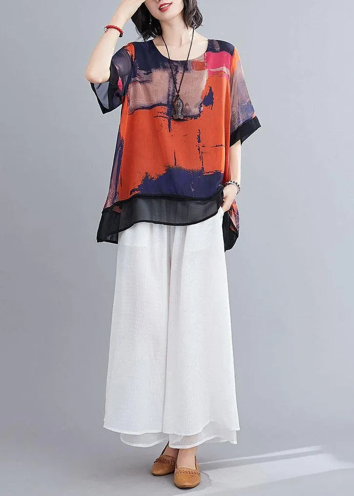 Orange Print Chiffon Half Sleeve Summer Two Piece Outfit