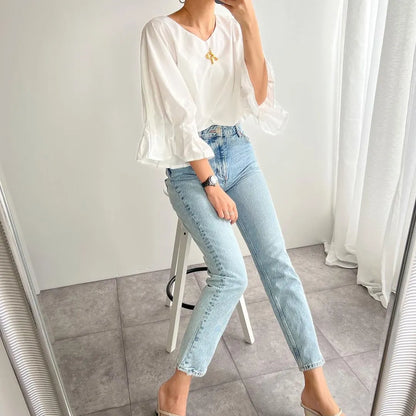 French White Oversized Cotton Shirt Top Lantern Sleeve