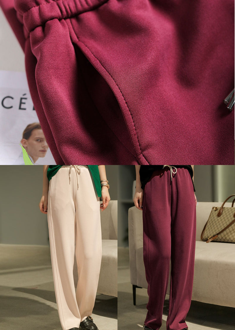 Red Elastic Waist Pockets Cotton Pants Fall