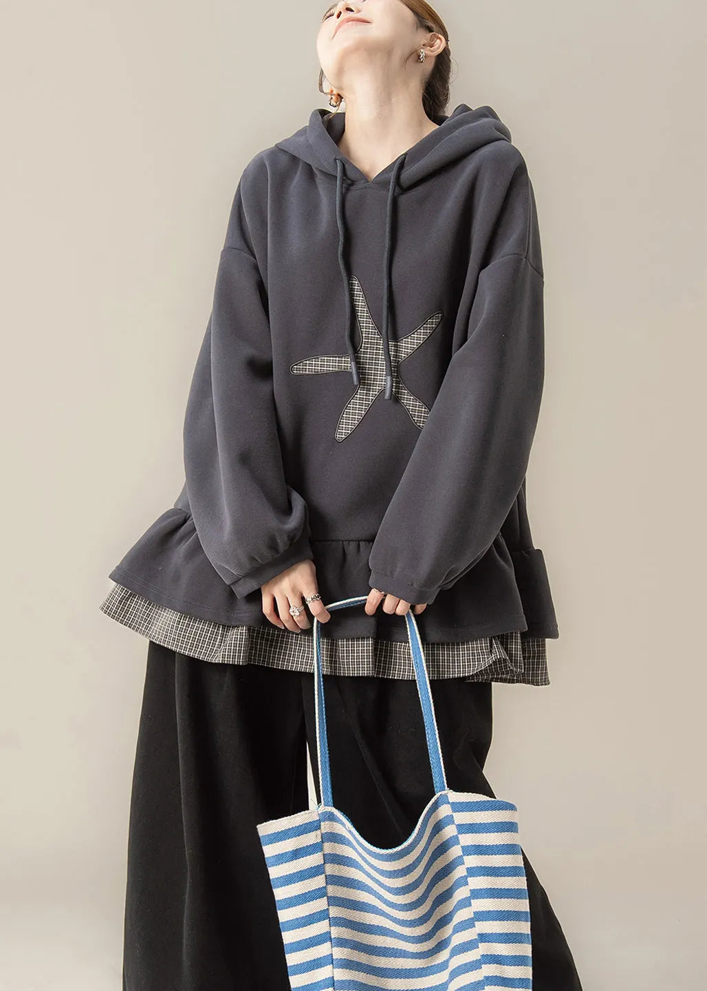 Dark Grey False Two Pieces Patchwork Hooded Cotton Sweatshirts Spring