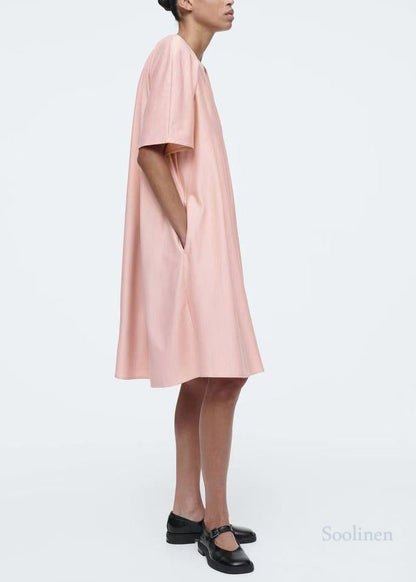 Diy Pink O-neck Oversized Cotton Tea Dress Summer
