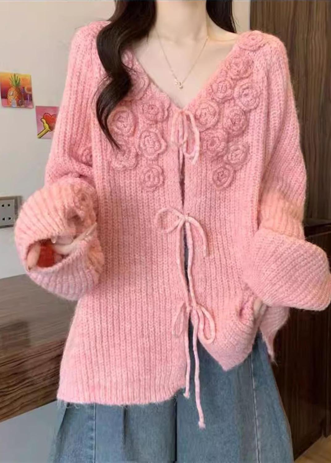 Pink Stereoscopic Thick Knit Cardigan Fall