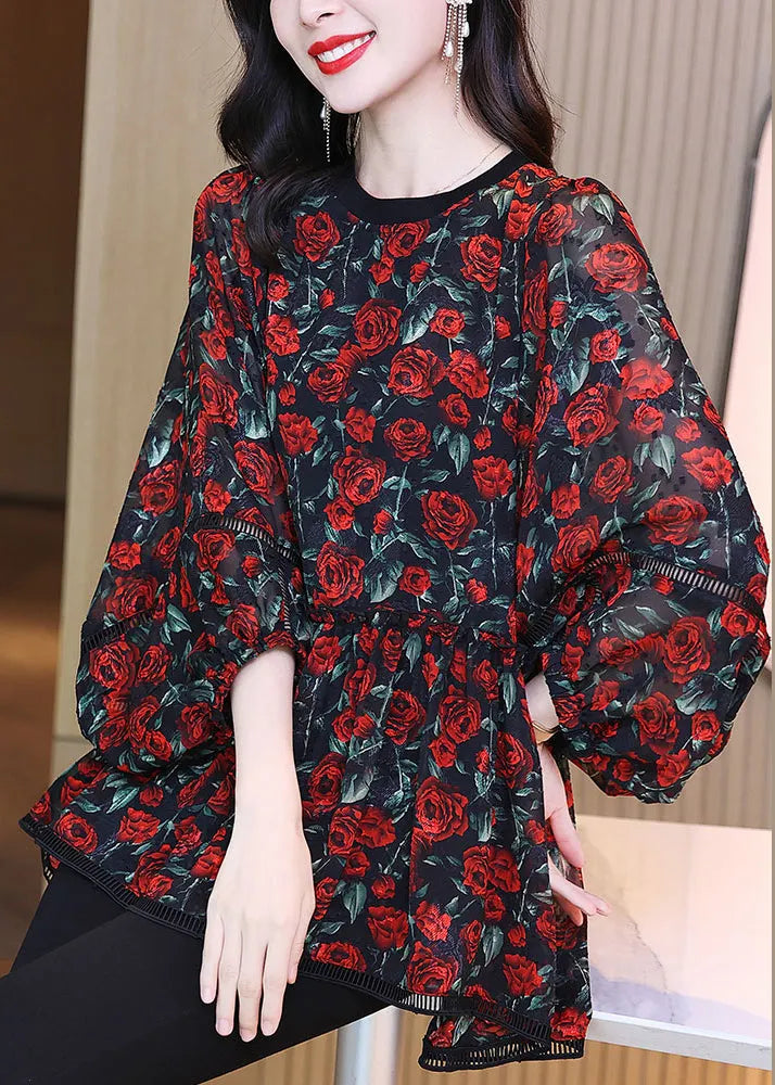 Red O-neck Print Wrinkled Chiffon Shirt Long Sleeve