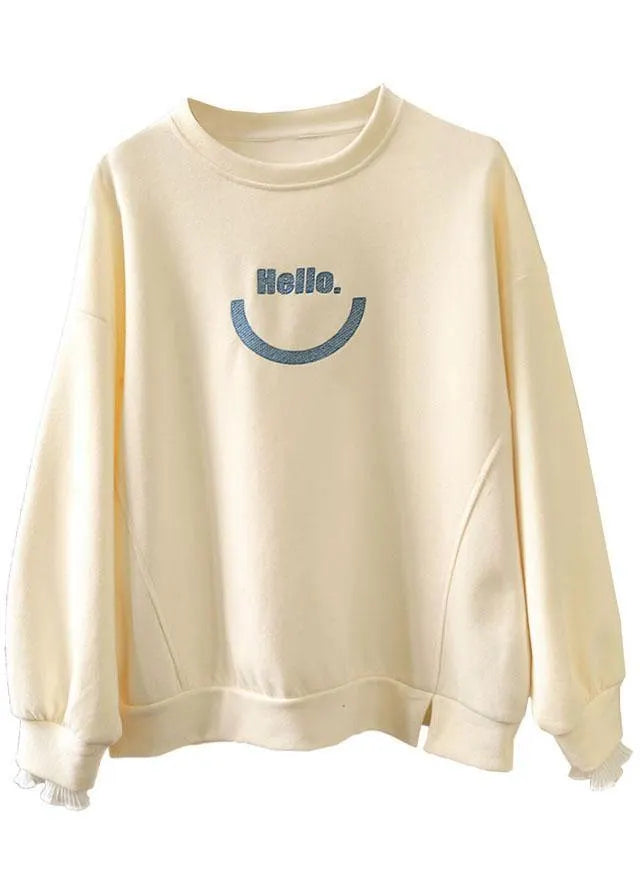 Art Beige O-neck Graphic Ruffled Fall Sweatshirts Top