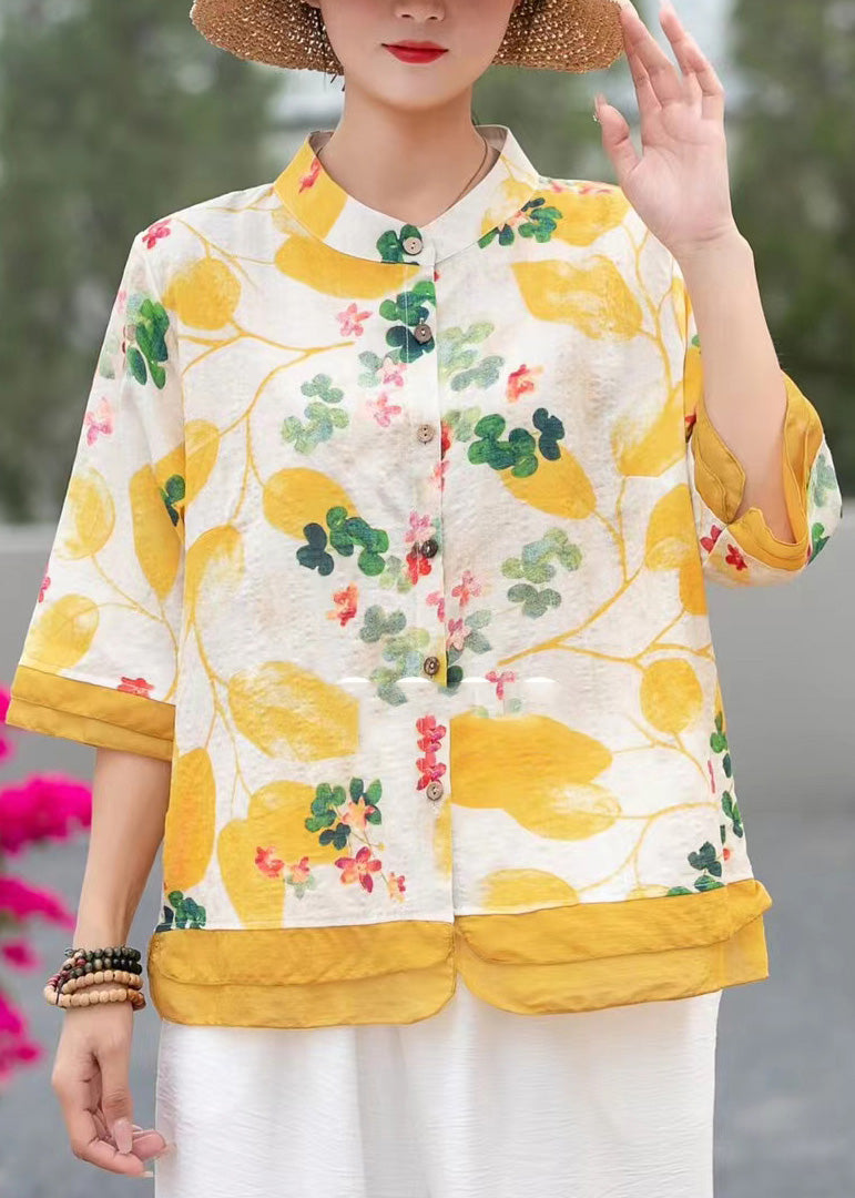 Green Stand Collar Print Linen Shirt Top Half Sleeve