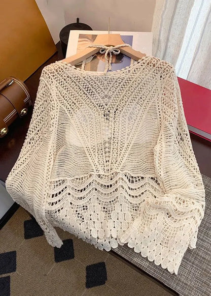 Apricot Hollow Out Lace Up Knit Two Pieces Set Spring