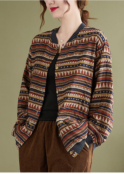 Chocolate Stand Collar Pockets Print Coat Long Sleeve