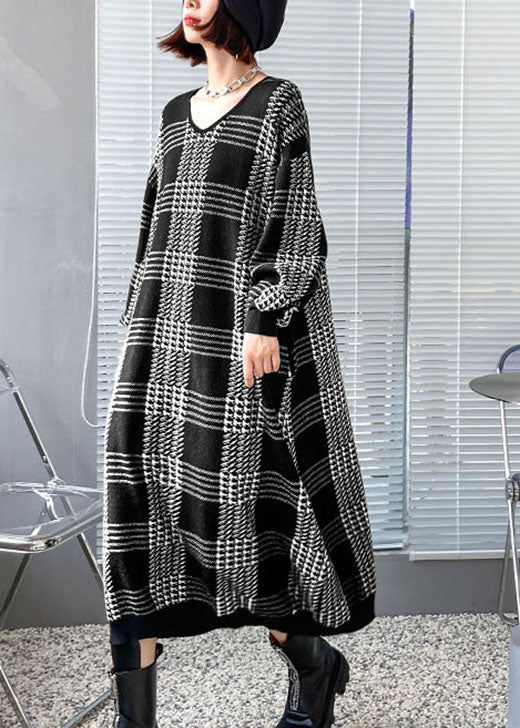 White Plaid Fall Knitted Dress