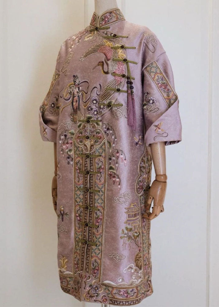 Pink Stand Collar Embroideried Button Silk Cotton Maxi Dresses Fall