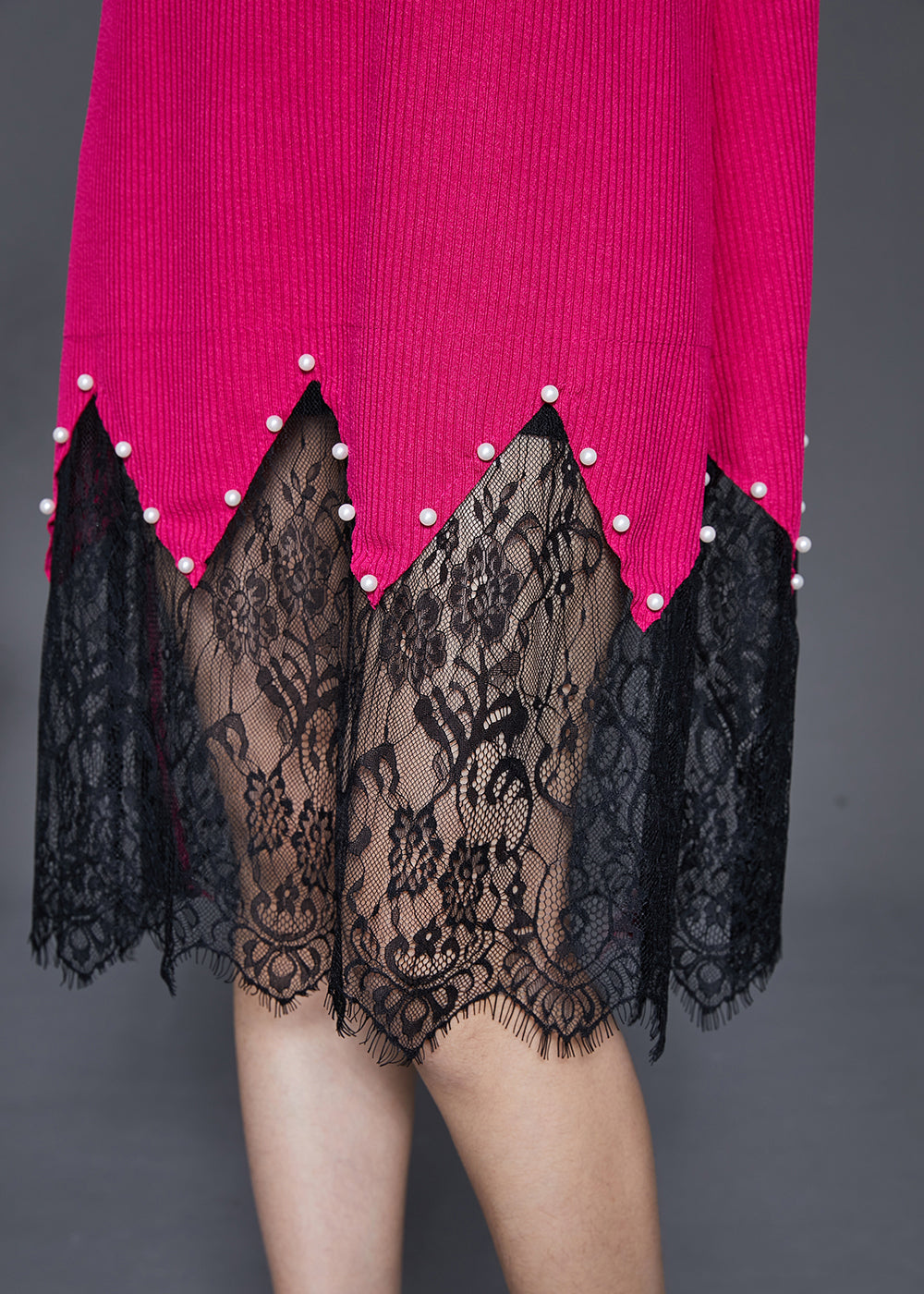 Rose Lace Patchwork Nail Bead Knit Dresses Spring