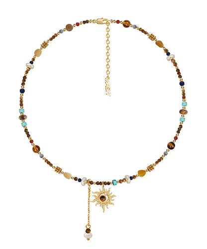 Gold Copper Allopy Pearl Agate Tiger's Eye Stone Pendant Necklace