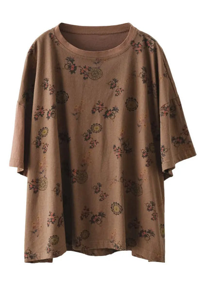 Dark Chocolate O-neck Oversized Print Cotton Tanks Short Sleeve