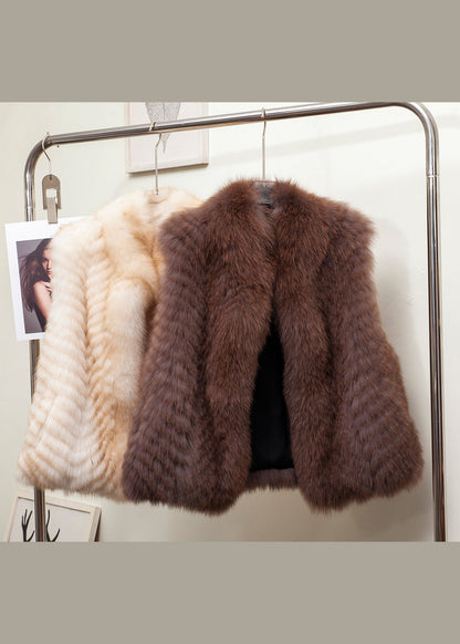 Gilded Stand Collar Leather and Fur Waistcoat Sleeveless