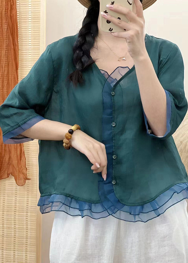 Blackish Green V Neck Organza Patchwork Button Ramie Shirt Fall