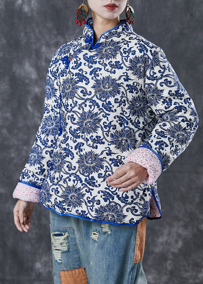 Blue Print Mandarin Collar Fine Cotton Filled Jacket Winter