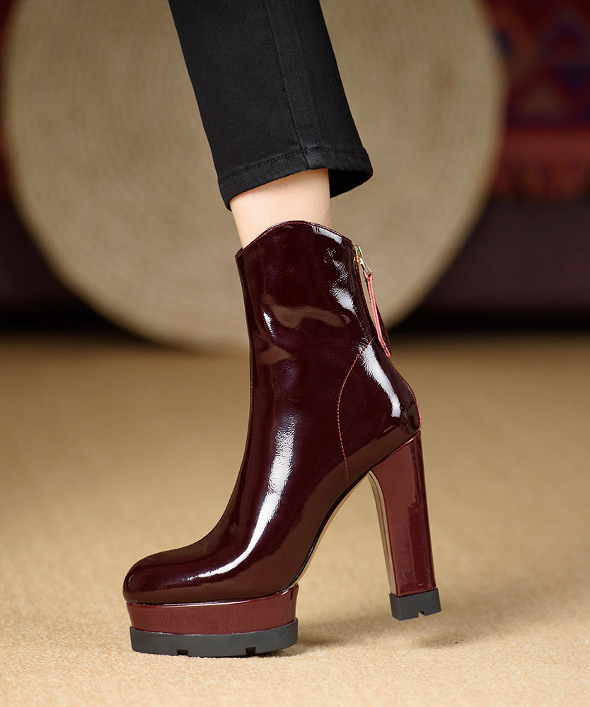 European and American Style High Heel Ankle Boots Black Cowhide Lacquer Leather