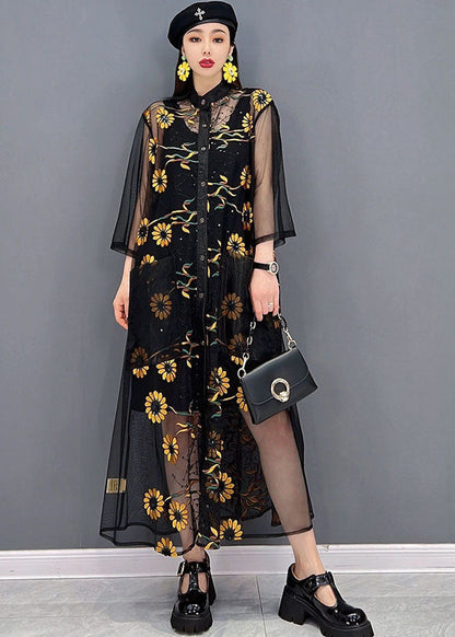 Black Hollow Out Print Tulle Upf 50+ Long Shirt Dress Summer