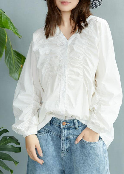 Boutique White V Neck Button Fall Long Sleeve Blouse Top