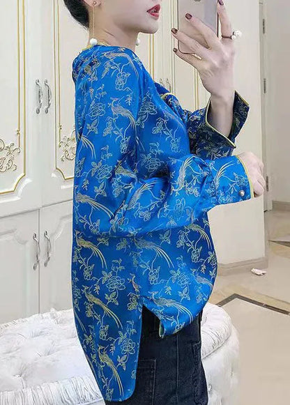 Unique Blue O-neck Side Open Jacquard Patchwork Silk Tops Spring