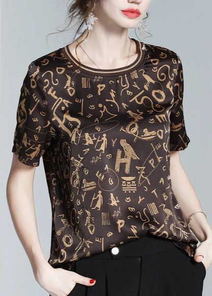 Coffee O-neck Print Chiffon Tops Short Sleeve