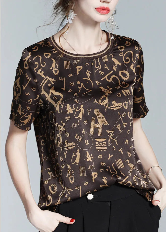 Coffee O-neck Print Chiffon Tops Short Sleeve