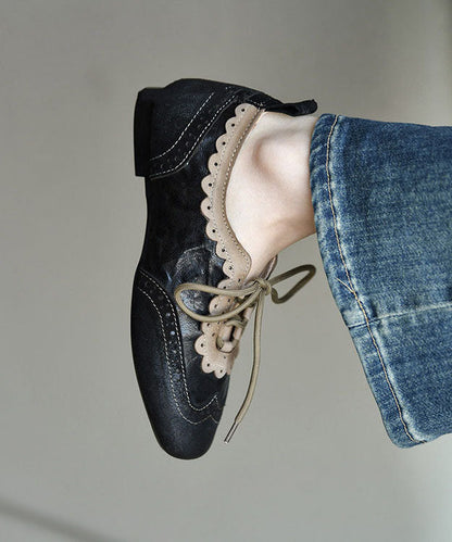 Black Sheepskin Lace Up Splicing Loafers